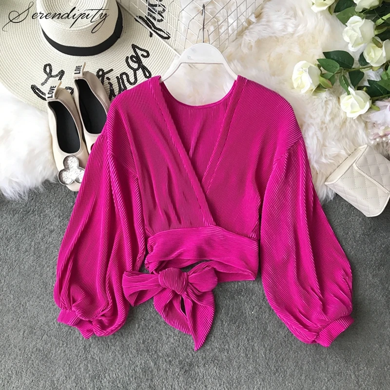 Шифоновая плиссированная короткая блузка с оборками женская кардиган бантом и