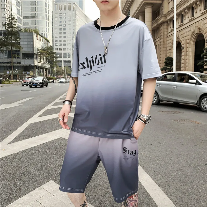 Костюм спортивный Мужской Хлопковый удобная футболка и шорты однотонный костюм