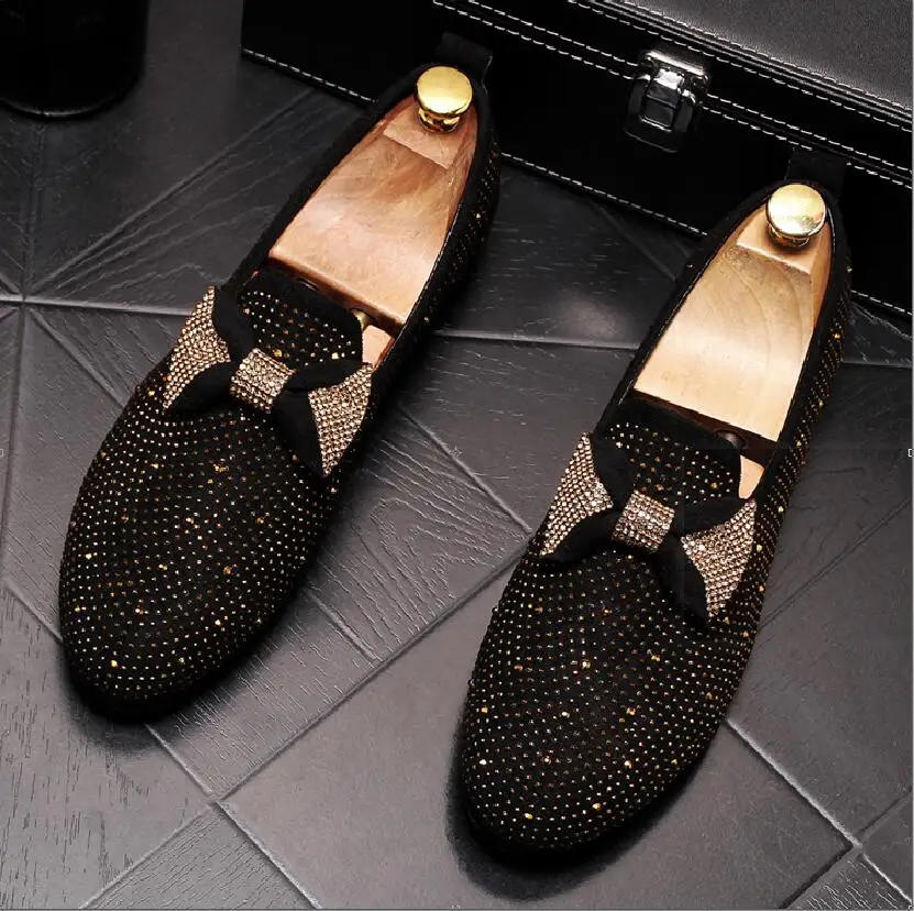 Men Shoes Bowknot loafers Black Diamond Rhinestones Spikes men shoes Rivets Casual Flats sneakers wholesale | Обувь