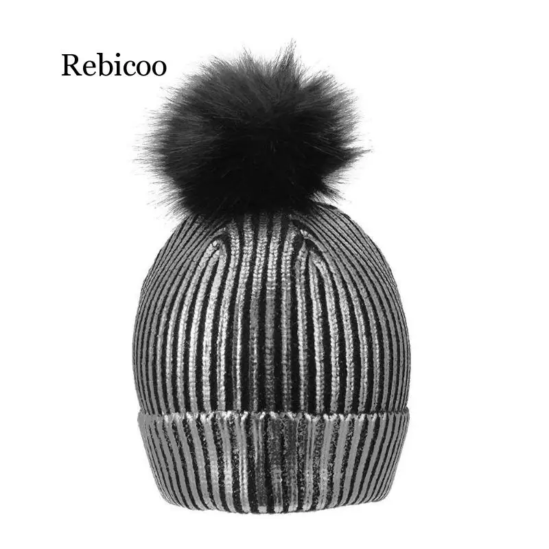 Зимняя женская шапка для девочек с золотым и серебряным помпоном теплые шапки