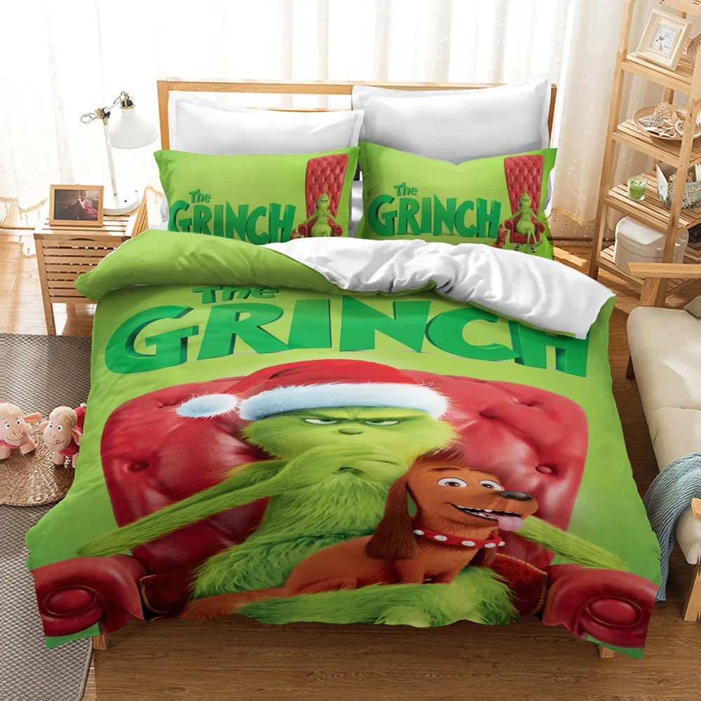 

Cartoon Green Monster Grinch Bedding Set Duvet Cover Pillowcases Comforter Cover Bed Linens Bedclothes Twin Full Queen King Size