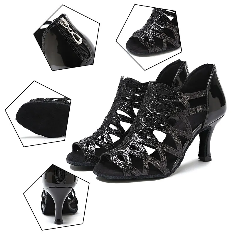 HROYL Dance-Shoes For Girls Women Ladies Ballroom Latin Modern Tango Jazz Dancing Shoes Sequined Black Heels Salsa Sandals