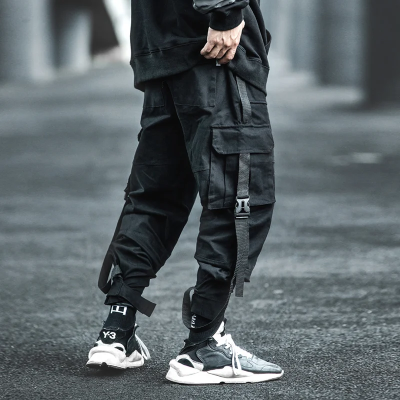 

Брюки-карго новые уличные модные мужские черные джоггеры тактические повседневные брюки мужские с большими карманами лента BB64