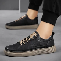 new casual leather vulcanized shoes men good quality leather sneakers comfortable fashion black walking vulcanized sneakers men
