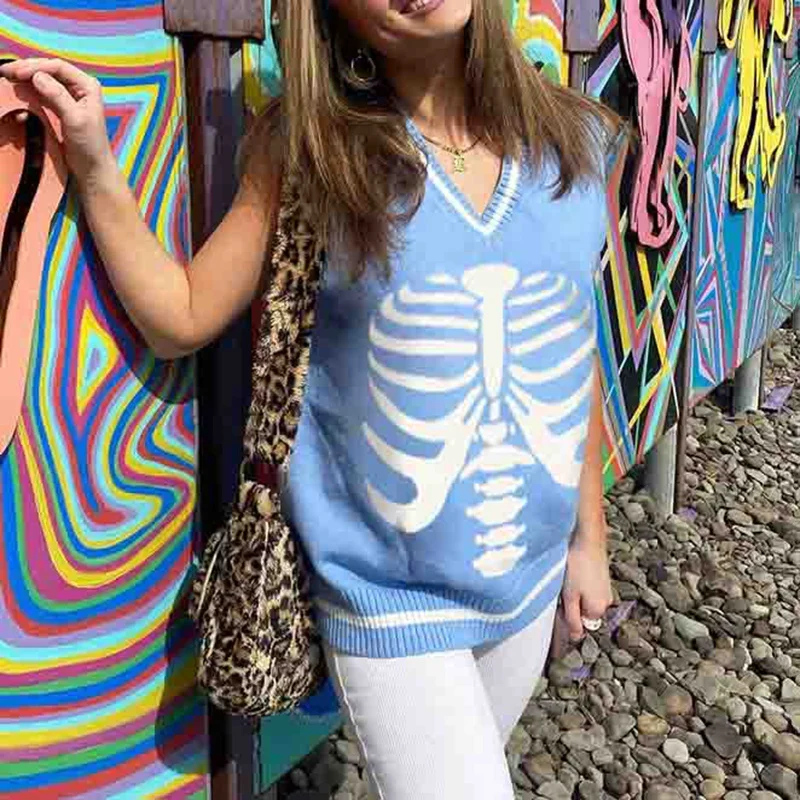 

Kili Vintage Print Y2K Knit Sweater Vests V-Neck Chic Loose Cute Pullovers Streetwear Aesthetic Knitwear