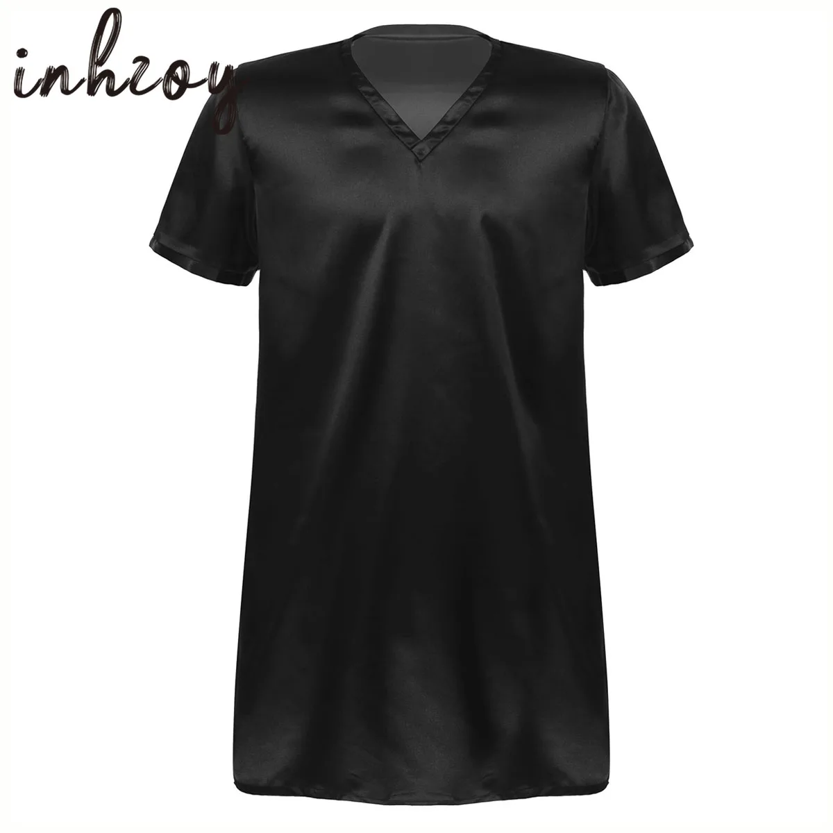 Men Satin Pyjama Sleep Tops Nightshirts Adult Summer Soft Solid Color V Neck Short Sleeve Sleepwear Casual Home Wear Nightwear