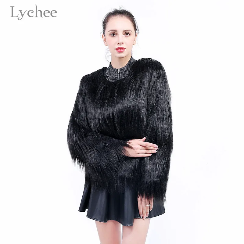 

Lychee High Street Winter Women Faux-far Coat Outwear Crew Neck Women Faux Fur Jacket Warm Solid Color Lady Faux Fur Jacket