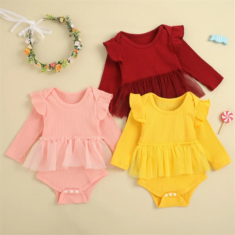 

Baby Girl Long Sleeve Autumn Romper Solid Color Ruffle Bodysuit Jumpsuit