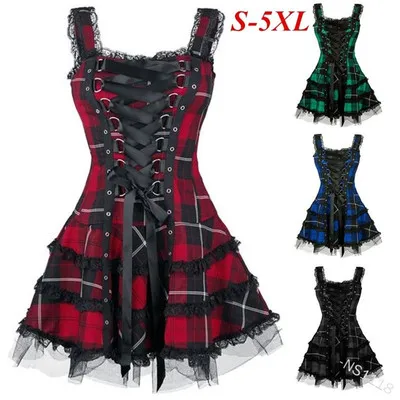 

2020 Retro Plaid Eyelet Lace Slim-fit Lace Sleeveless Dress Christmas Plaid Ladies College Style Party Dress