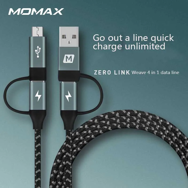 MOMAX тканая 4 в 1 кабель для передачи данных кабель-Переходник USB C на USB A до micro-1.2m три вида интерфейса 3A действительно быстрая зарядка полностью совместим с