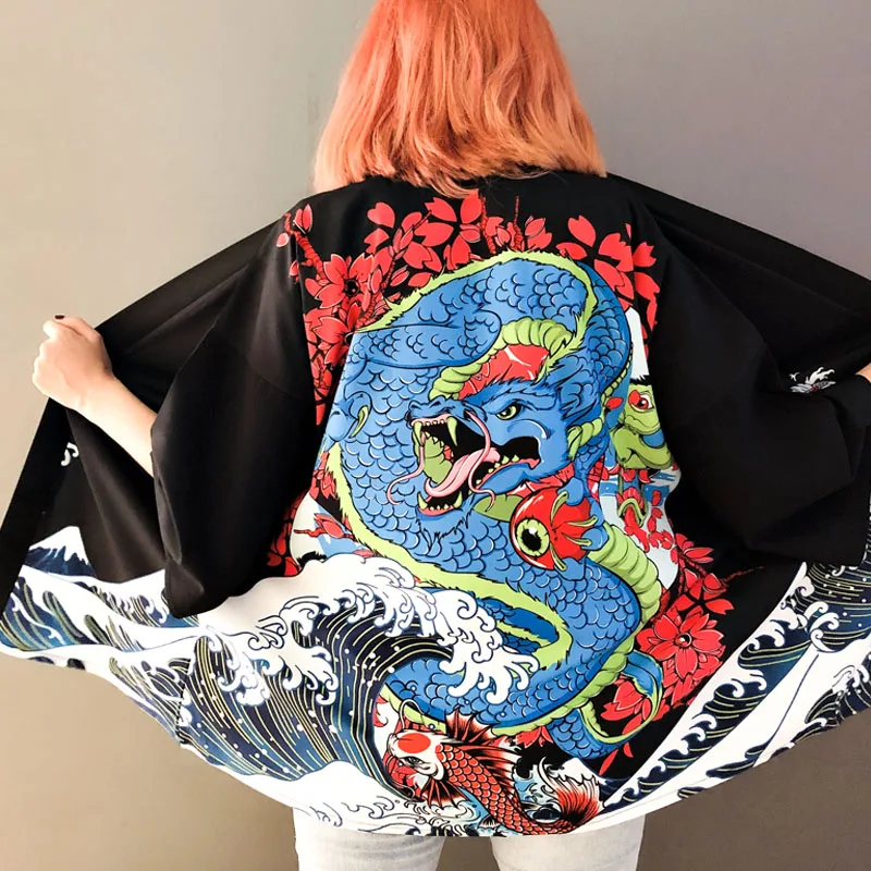 

Kimono Women Japanese Yukata Female Kimono Cardigan Haori Japanese Streetwear Soft Girl Harajuku Shirt Dragon Clothes FF2006