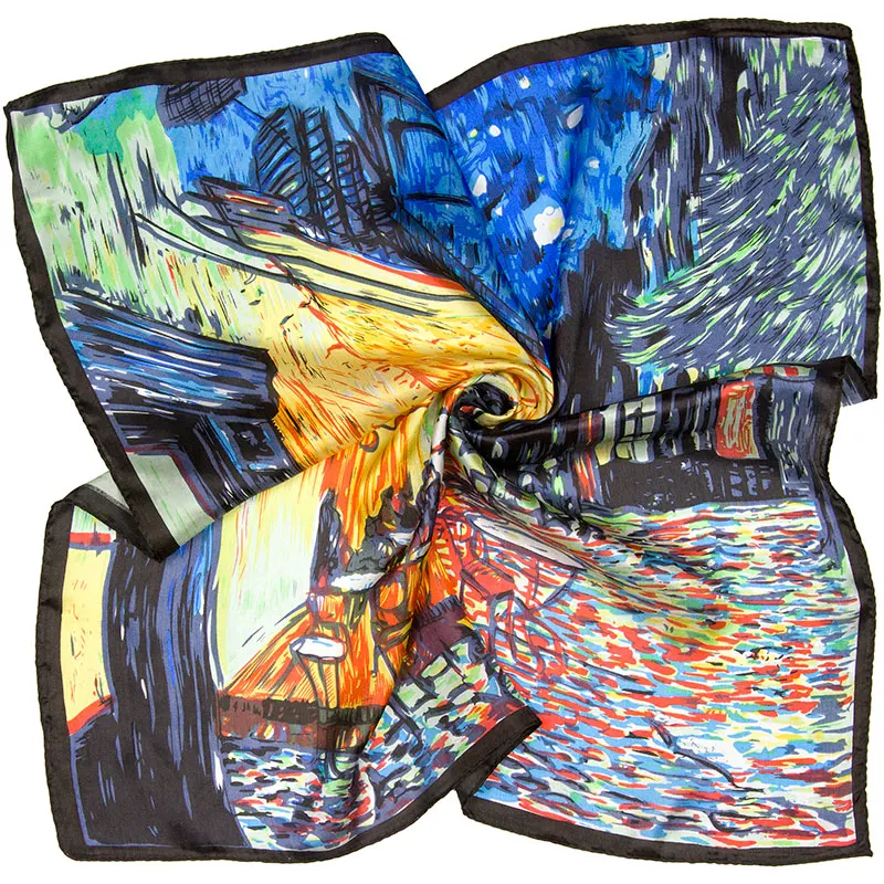 Оптовая продажа 100% чистый Шелковый платок кафе на террасе ночью шелковый шарф