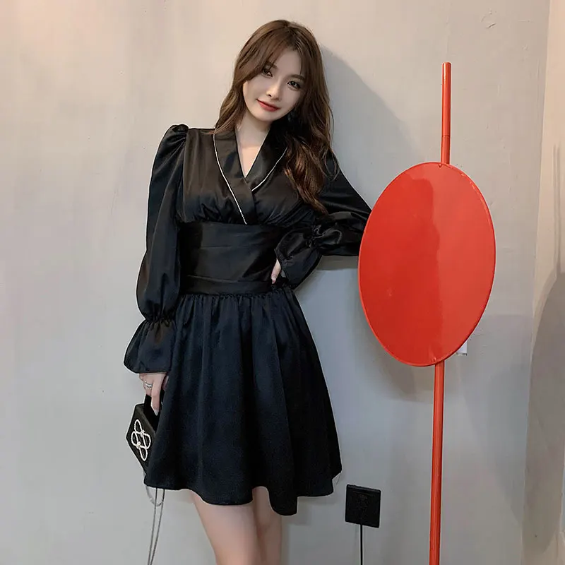 

Chic Fashion Black Dress Satin v-neck beading Long Sleeve Slim A-Line Short Party Club dress