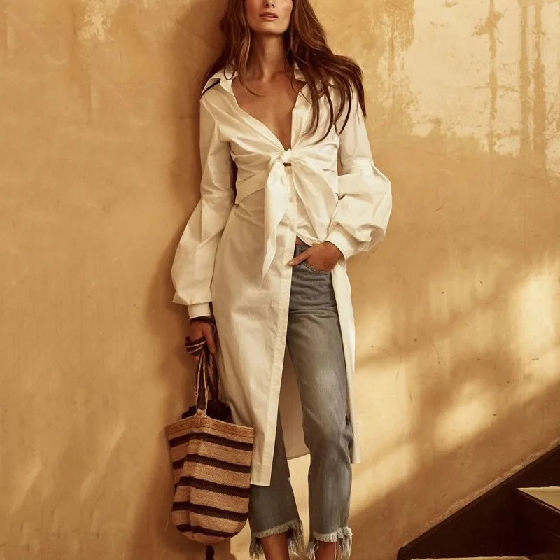 VGH весенние сексуальные женские рубашки с рукавом фонариком и бантом блузки