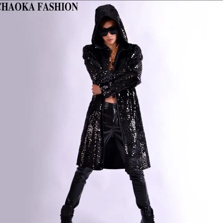 

The Europe And United States Large Size Black Long Cloak Nightclub Dj Hip-hop Rock Men Singer Stage Performance Costume / S-5xl