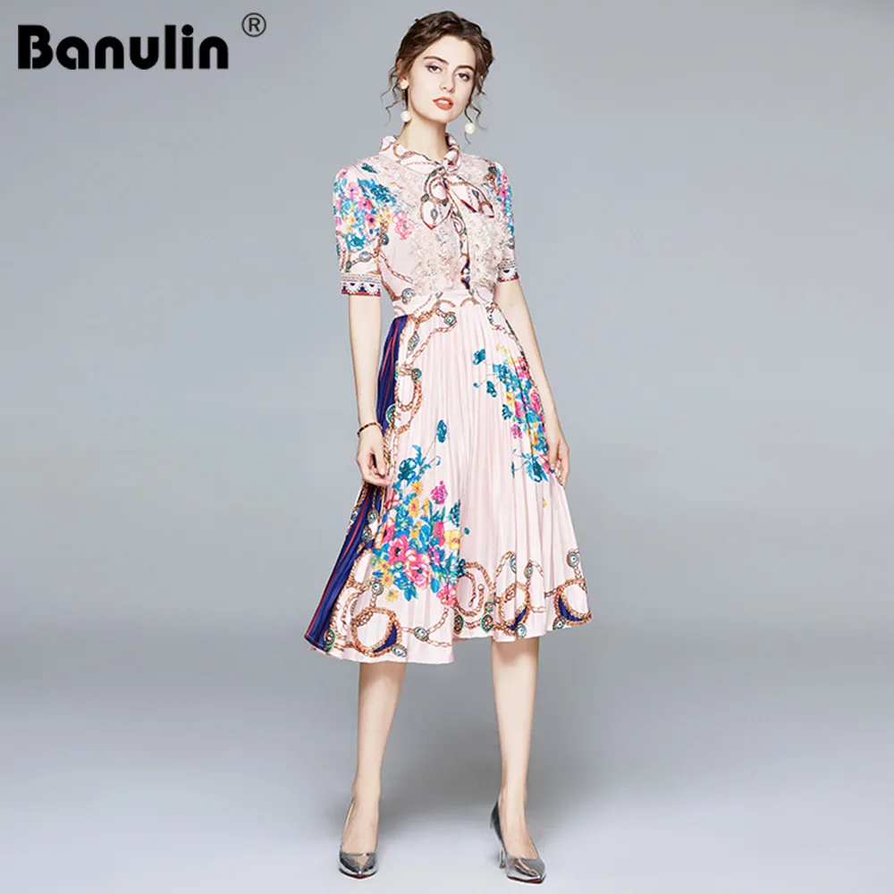 Фото Женское плиссированное платье Banulin винтажное кружевное с коротким рукавом и