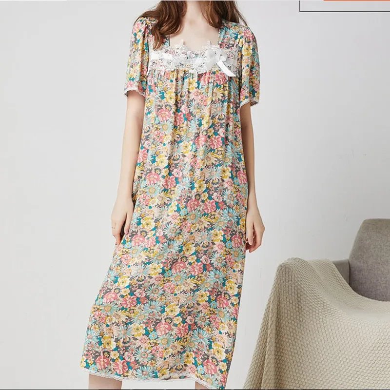New Nightdress For Women Cotton Silk Short Sleeves Long Dress Square Neck White Lace Ladies Evening Dress