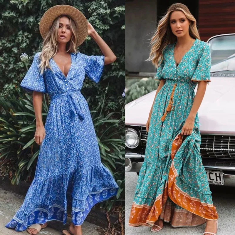 

Retro Dress Women Summer Short Sleeve V neck High waist Dress Floral Print Boho Beach Long Dress