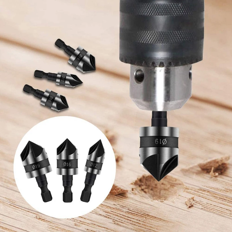 

9PCS Countersink Set, Hex Shank Wood Drilling Bits 90 Degree Working 5 Flute Power Tool for Wood Quick Change,12/16/19mm