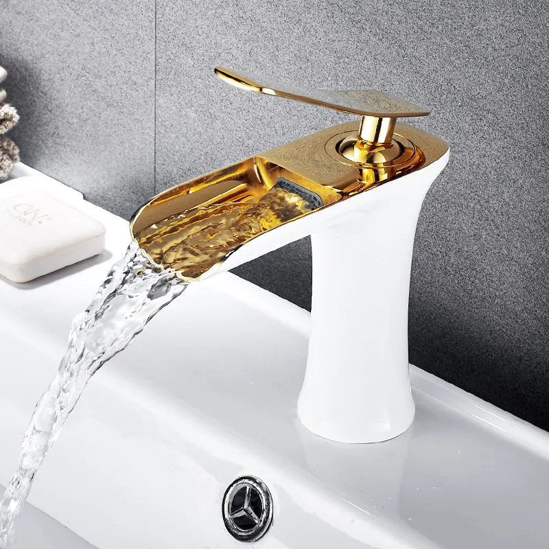 

Bathroom Basin Solid Brass Faucet Sink Mixer Hot & Cold Single Handle Deck Mounted Lavatory Crane Water Tap Brushed Gold/Nickel