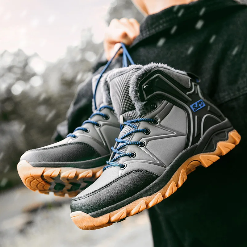 

Winter Comfortable Anti-slip Terkking Tourism Moutain Shoe Men's Hight Top Plus Velvet Warm Waterproof Climbing Hiking Sneakers