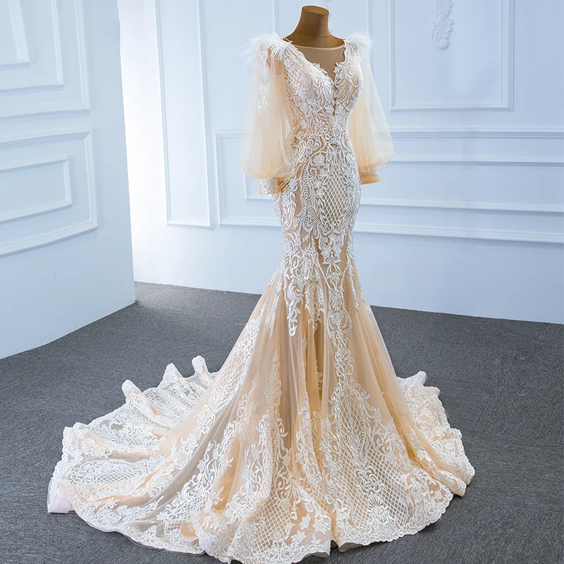 J67209 Jancember New Mermaid Wedding Dress 2020 Custom Design Dress Pearls V-Neck Long Lantern Sleeve Applique