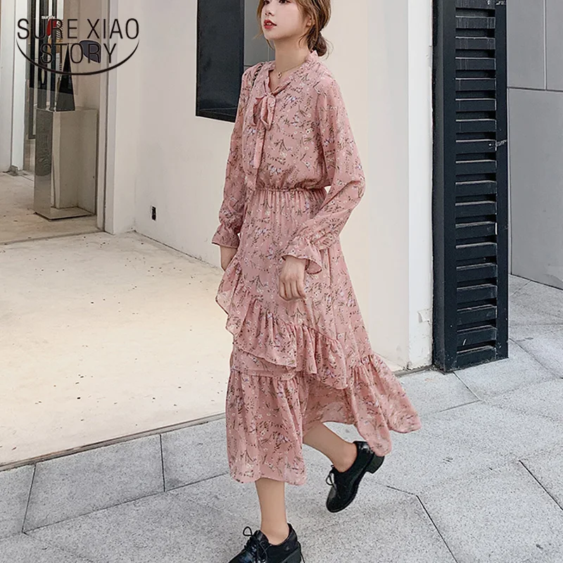 Женское платье макси элегантное шифоновое с цветочным рисунком осеннее бантом