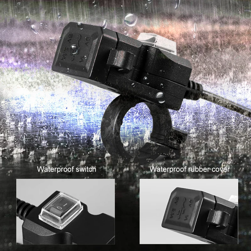 

Dual USB 9V-24V Motorcycle Handlebar Charger Socket with Switch & double Mounts Waterproof Charging Cable GPS Stand
