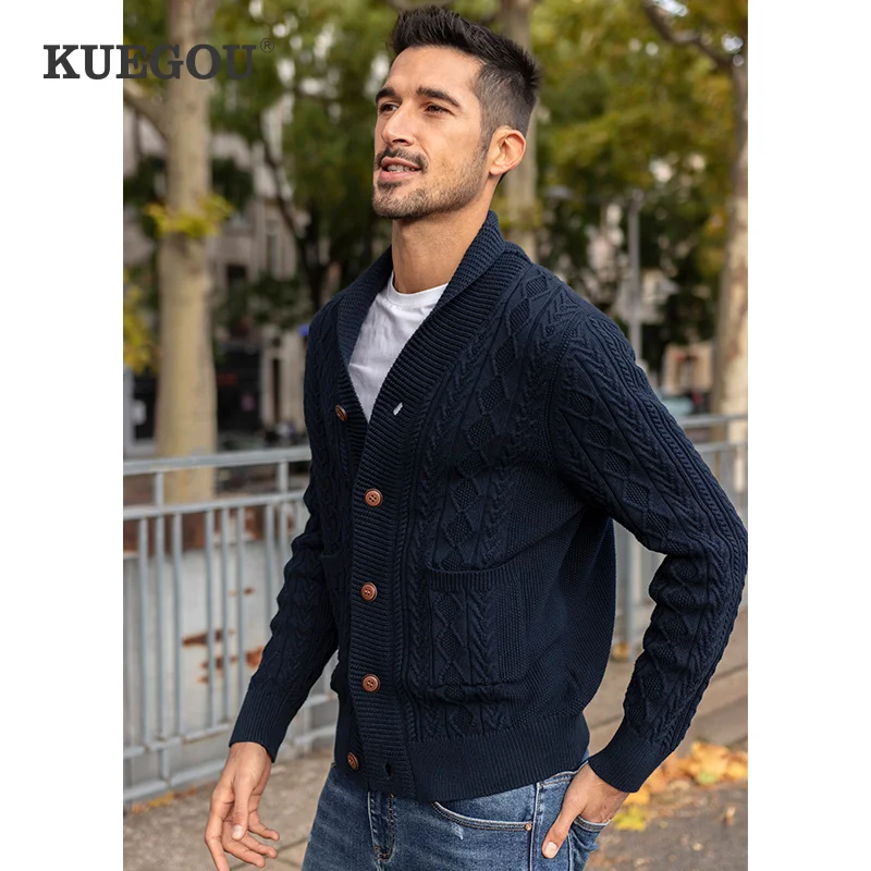 

KUEGOU 100% Cotton Autumn Clothing Shawl collar Men Sweater Thick Coat Streetwear Fashion Knitted Retro Men Outwear Top 2201