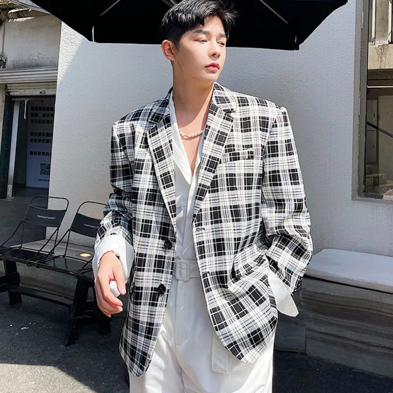 

IEFB 2021 Spring Summer Korean Loose Vintage Black White Plaid Blazer Men's Temperament Lattice Notched Long Sleevc Suit 9Y7558