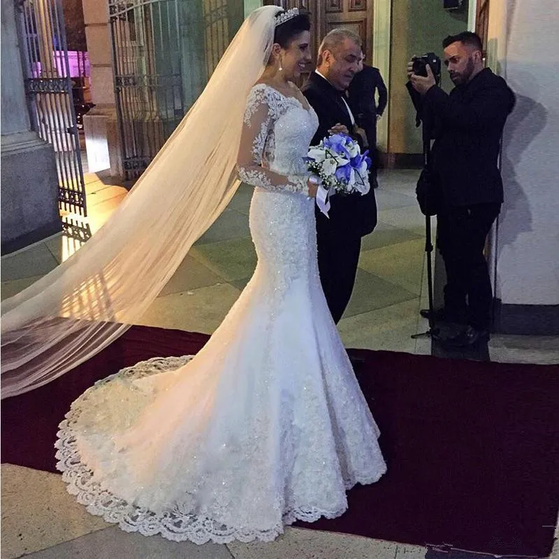 Mermaid Vintage Wedding Dress Applique Lace V Neck Illusion Long sleeve Bridal Gowns Robe De Mariage Custom size color For lady | Свадьбы и