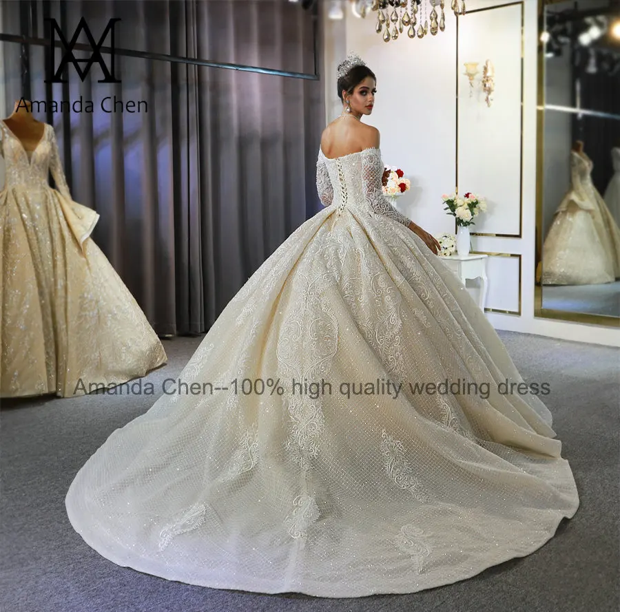 Robe de mariee с открытыми плечами Длинные рукава Кружева Аппликация блестящее свадебное платье цвета шампанского
