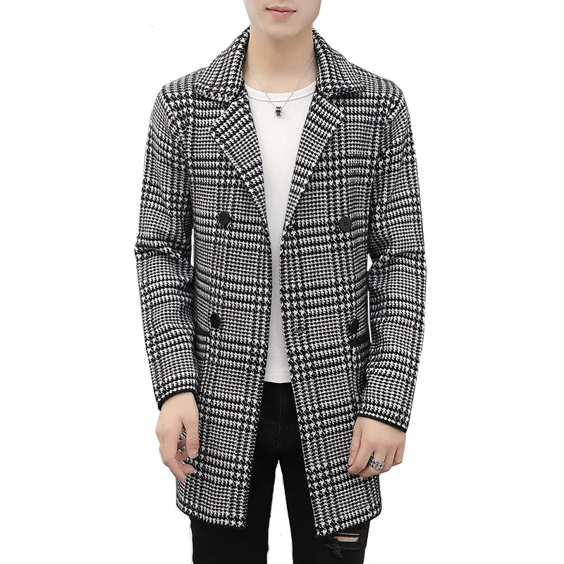 Мужская Длинная ветровка в клетку шерстяное облегающее двубортное пальто теплая