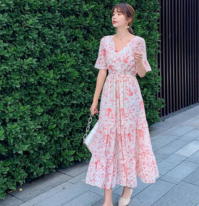 

Summer Casual V-neck Long Dress Women Fashion Chiffon Ruffle Floral Printed Vacation Beach Dresses Ankle Elastic Band Waisted