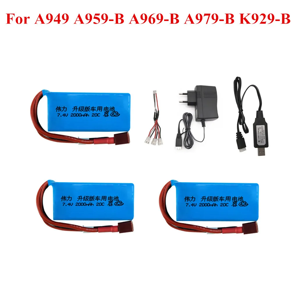 

7.4V 2000mAh Battery for A949 A959-B A969-B A979-B K929-B Remote Control Car 2s LiPo Battery +7.4v charger for Wltoys car Parts