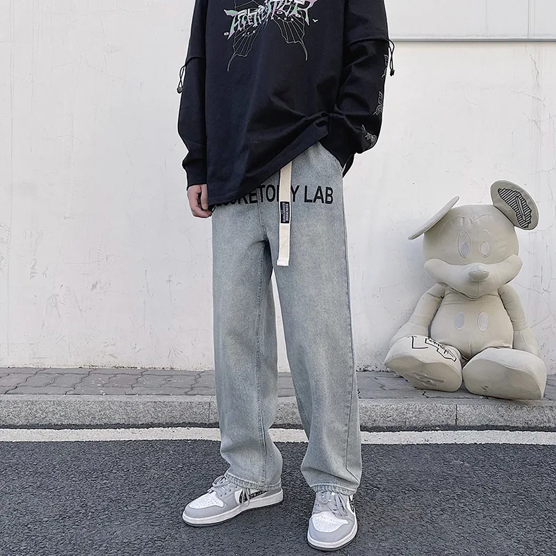 

Retro Men's Jeans Loose Letter Print Straight Jeans Korean Street Hip Hop Wide Leg Pants Boyfriend Jeans Harajuku Men Clothing