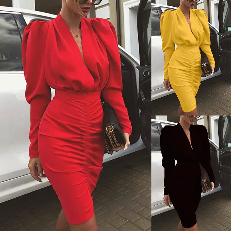 

Women Long Sleeve Deep V Neck Dress Sexy Dress Bodycon Dress Solid Color Party Dress Girls