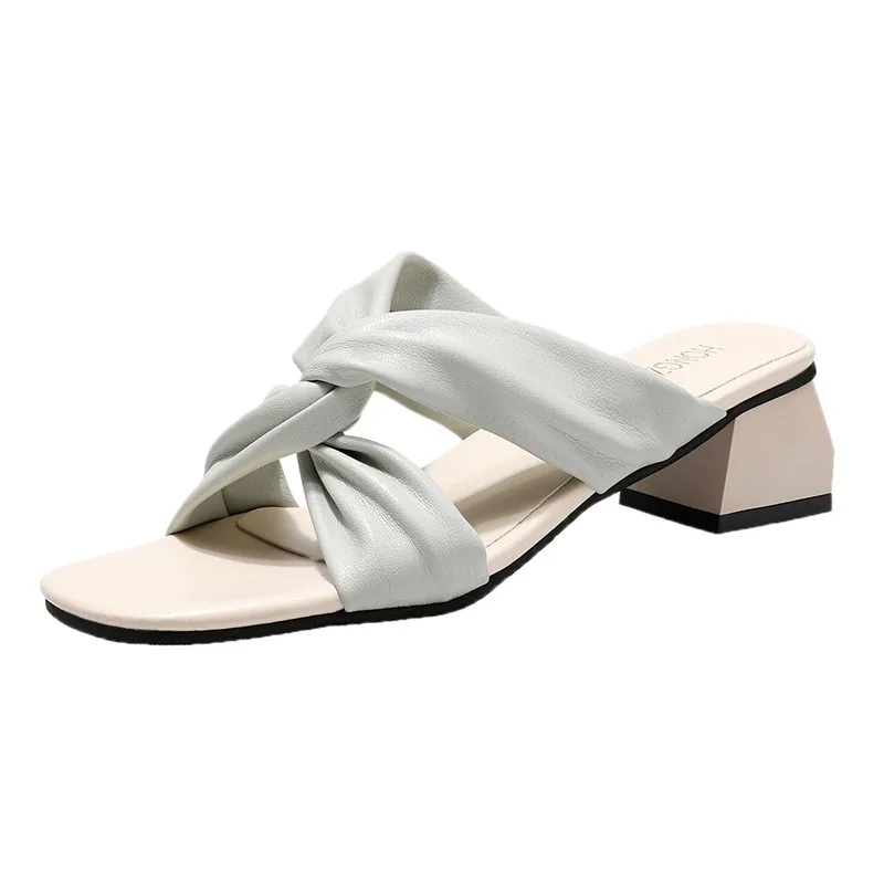 

Shoes Square heel Slippers Casual Med Slides Block Luxury Soft Rome PU Fashion Hoof Heels Rubber Toe Shoes Women Square heel La