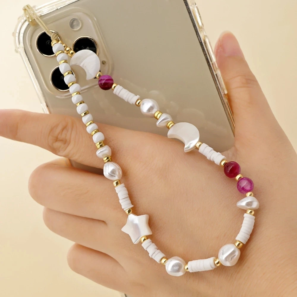 

Cute Star Moon Phone Case Chain For Women Unique Pearls Beaded Mobile Strap Charm Telephone Anti-Lost Lanyard Jewelry Gift