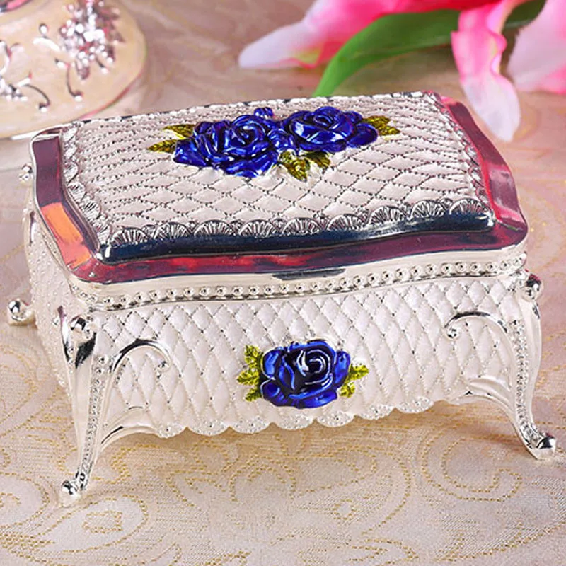 Classic Metal Jewelry Box Antique Tin Rectangle Jewelry Box Treasure Storage Organizer Chest with Rose Pattern Gift