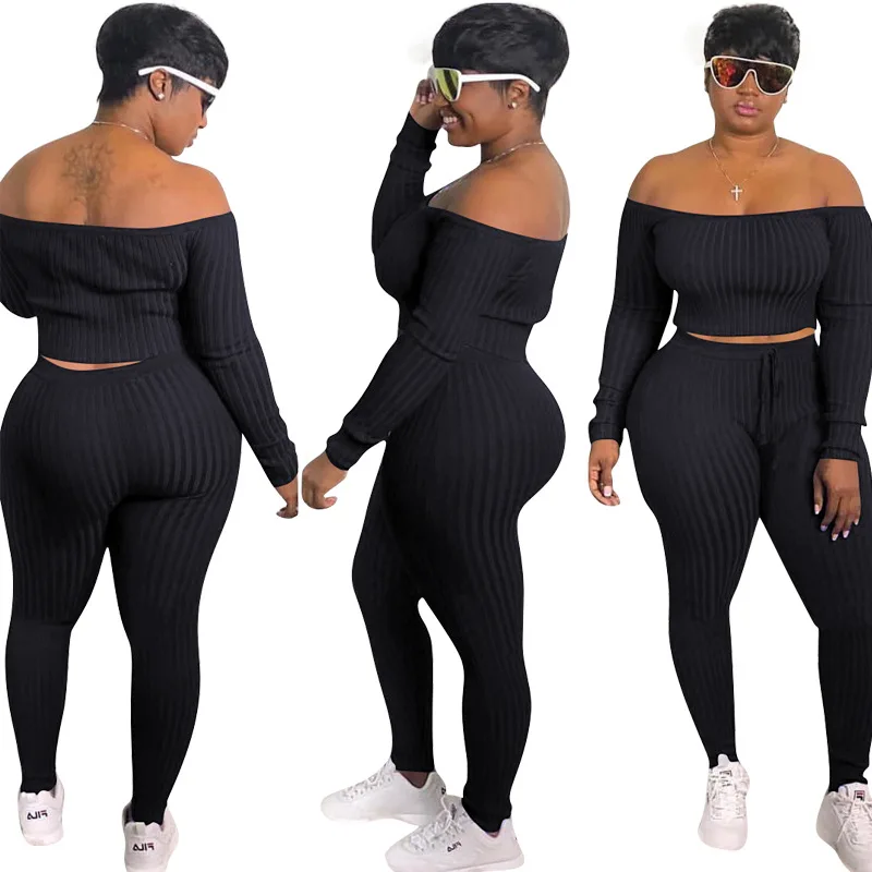 2021 Knitted Ribbed Sportswear Ladies Sweatshirt Suit 2 Piece Set Long Sleeve Off-shoulder Crop Top Pants Plus Size |