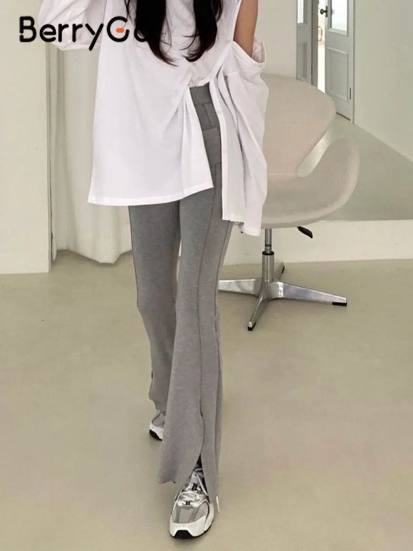 

BerryGo Autumn winter fashion long pants women High wasit pocket side split trousers female Solid pants 2021 new bottoms