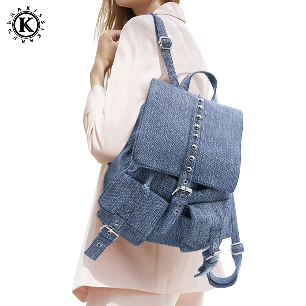 Модные женские джинсовые рюкзаки с карманами и откидной крышкой дорожные