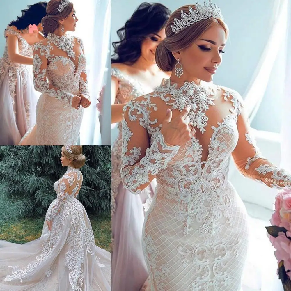 

Арабские дубайские платья-русалки со съемным шлейфом с высоким воротом кружевные платья с длинным рукавом размера плюс свадебные платья