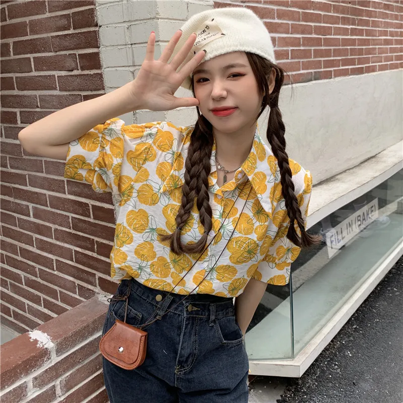 

Houthion Chiffon Slim Women's Blouses New Casual Blouse Fashion Short Sleeve Top Floral Buttons Polo Shirt Summer