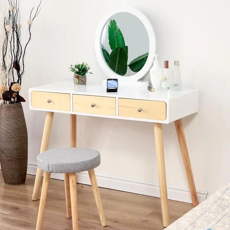 

Modern Simple Nordic 3 Drawer Solid Wood Dressing Tables With Stool Cosmetic Table Vanity Table Bedroom Furniture Dresser HWC
