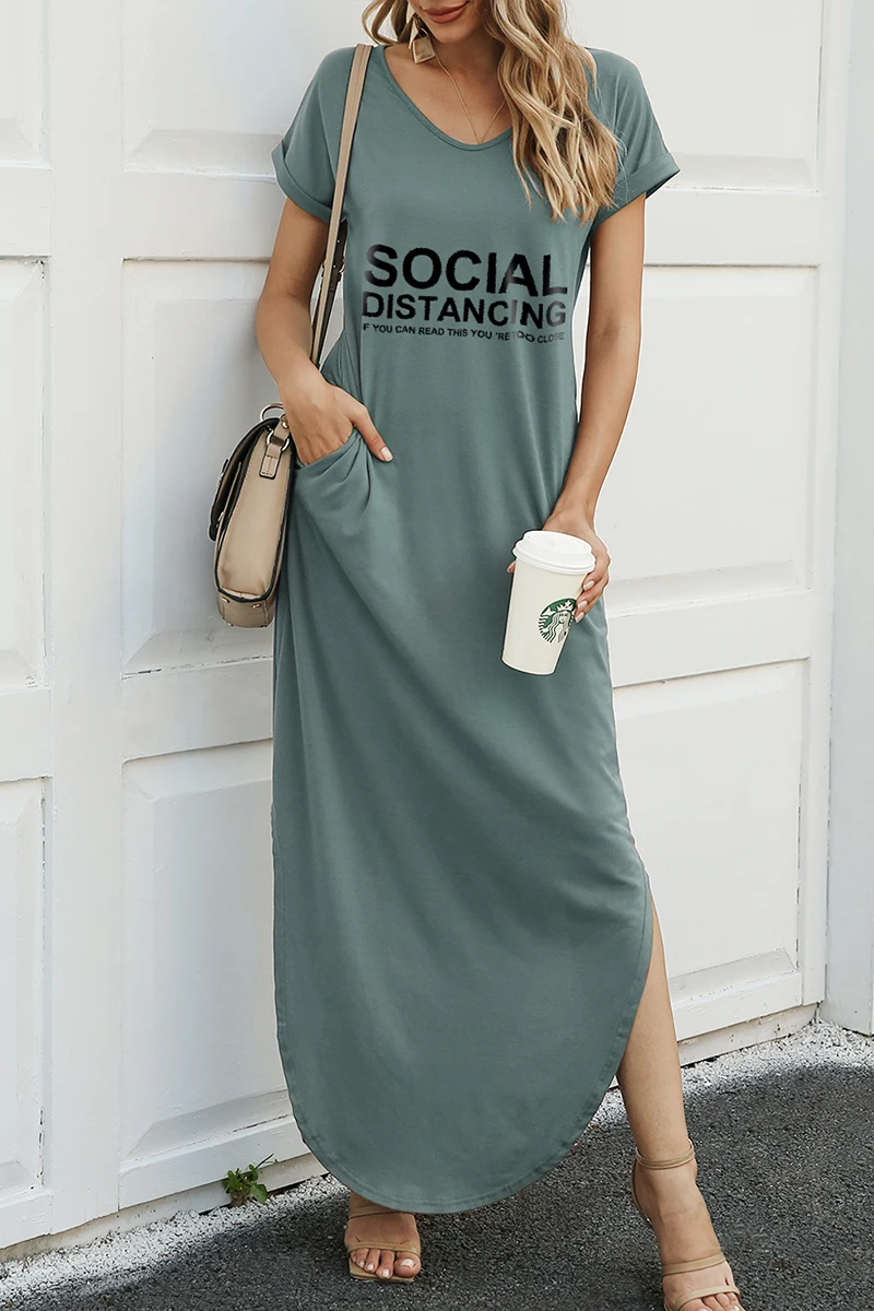 

Women's Short-sleeved Loose Dress Female Solid Color Casual V-Neck Split Print Long Skirt Casual Comfortable Home Dress 2021
