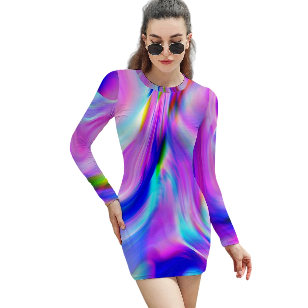 

Summer sexy water ripple print slim-fit hip dress short skirt long-sleeved dress long sleeve O-neck Bag Hip Skirt