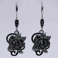 vintage black rose flower shaped ladies dangle earrings inlaid shiny rhinestone zircon crystal for women party jewelry