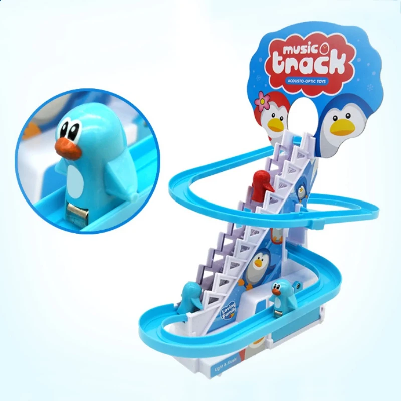 

Children's ducklings climbing stairs toy rail car boys and girls electric train roller coaster set Little penguin climbing stair